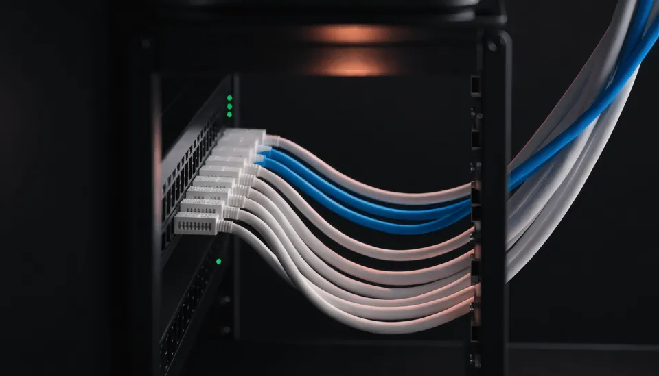 Netzwerkschrank mit Patchfeld, sauber geführten weißen und blauen Netzwerkkabeln und kleinen grünen Leuchten.
